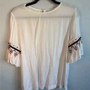 LOFT Cream Embroidered Ruffle Sleeve Blouse